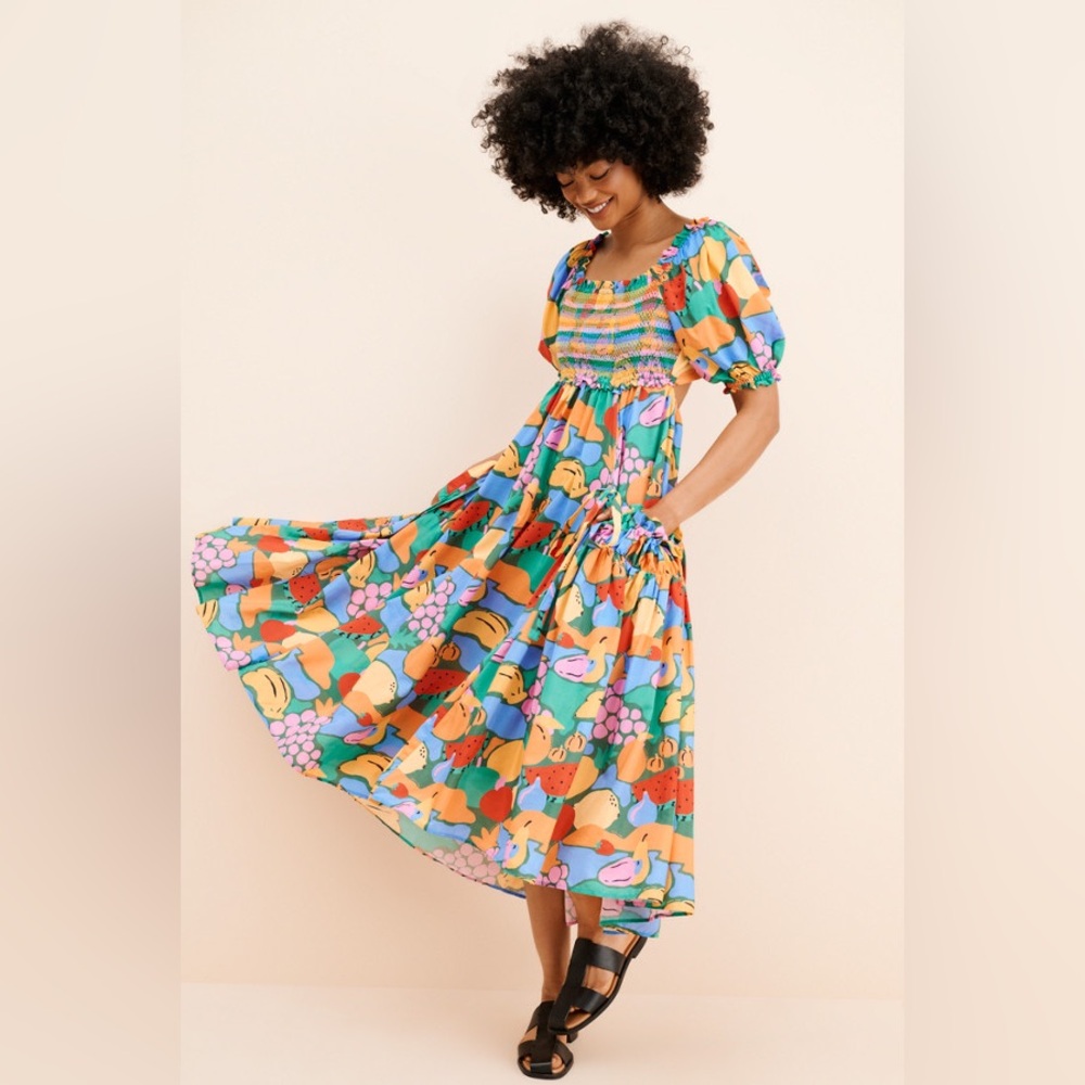 FARM Rio Fruit Landscape Short Sleeve Midi Dress